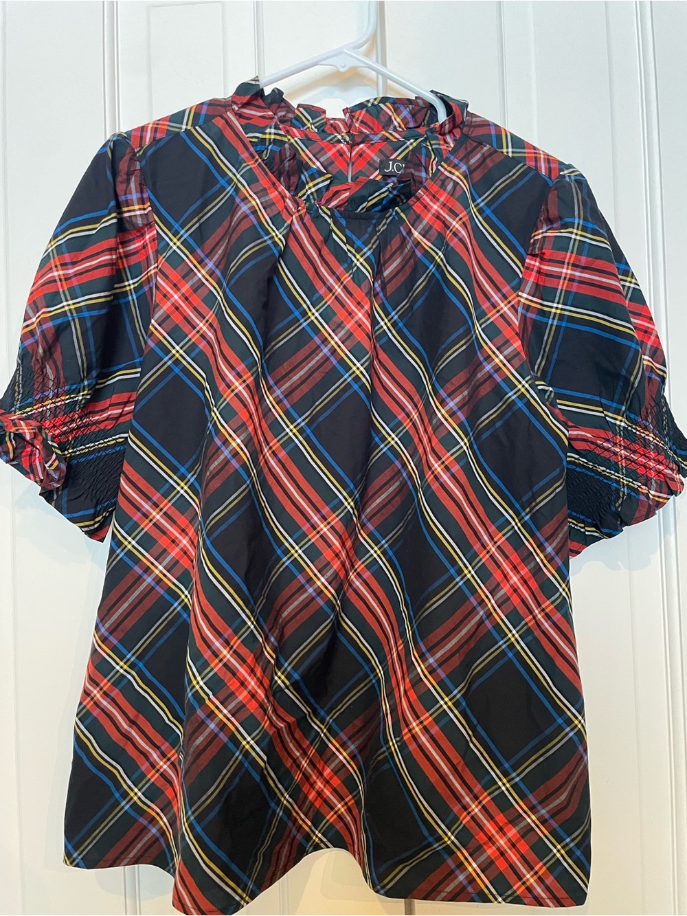 J. Crew Red Plaid Short-Sleeve Peasant Top NWT